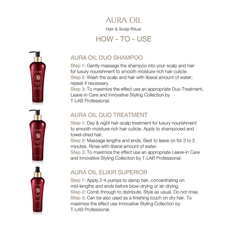 Rinkinys plaukų priežiūrai T-Lab Professional Aura Oil: šampūnas 300 ml + kondicionierius - kaukė, 300 ml + eliksyras, 150 ml kaina ir informacija | Priemonės plaukų stiprinimui | pigu.lt