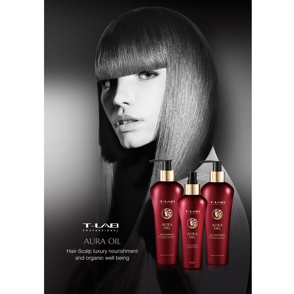 Rinkinys plaukų priežiūrai T-Lab Professional Aura Oil: šampūnas 300 ml + kondicionierius - kaukė, 300 ml + eliksyras, 150 ml kaina ir informacija | Priemonės plaukų stiprinimui | pigu.lt