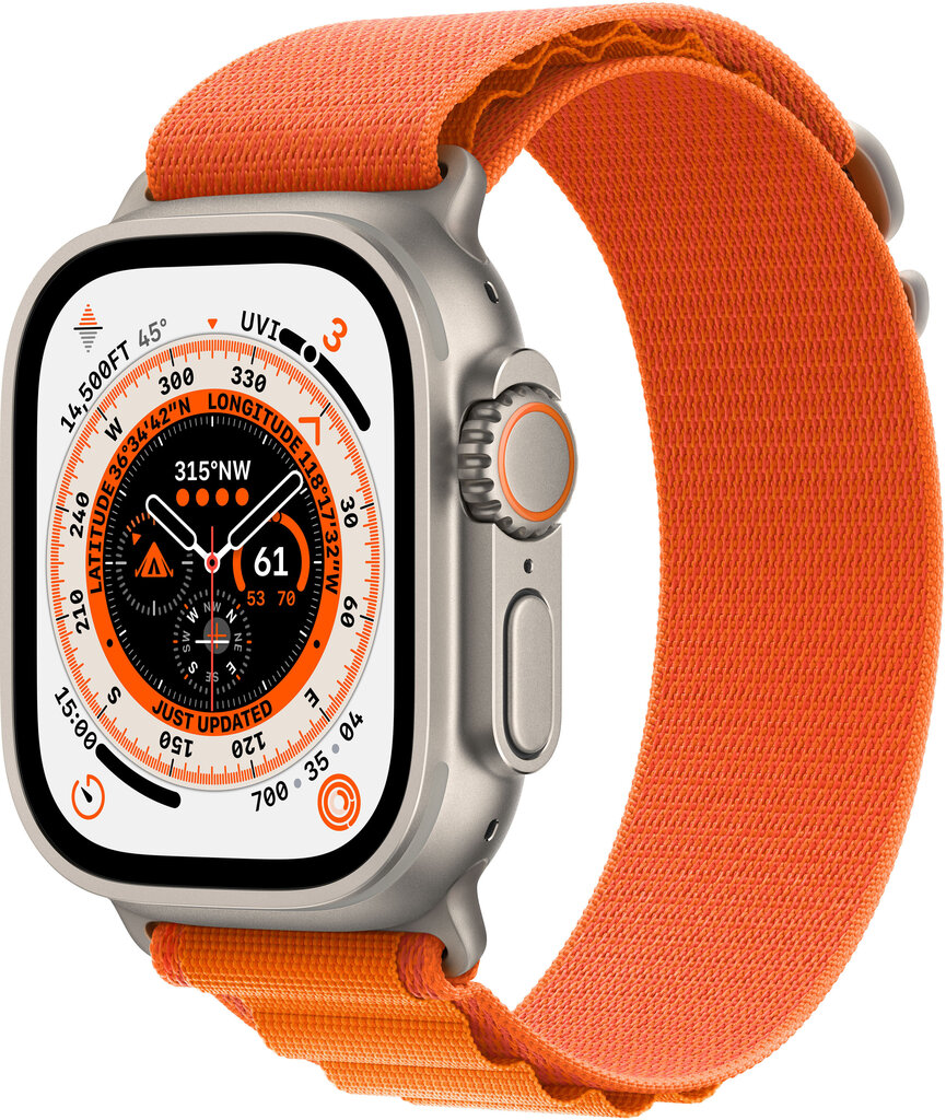 Apple Watch Ultra GPS + Cellular, 49mm Titanium Case ,Orange Alpine Loop - Medium MQFL3KS/A kaina ir informacija | Išmanieji laikrodžiai (smartwatch) | pigu.lt