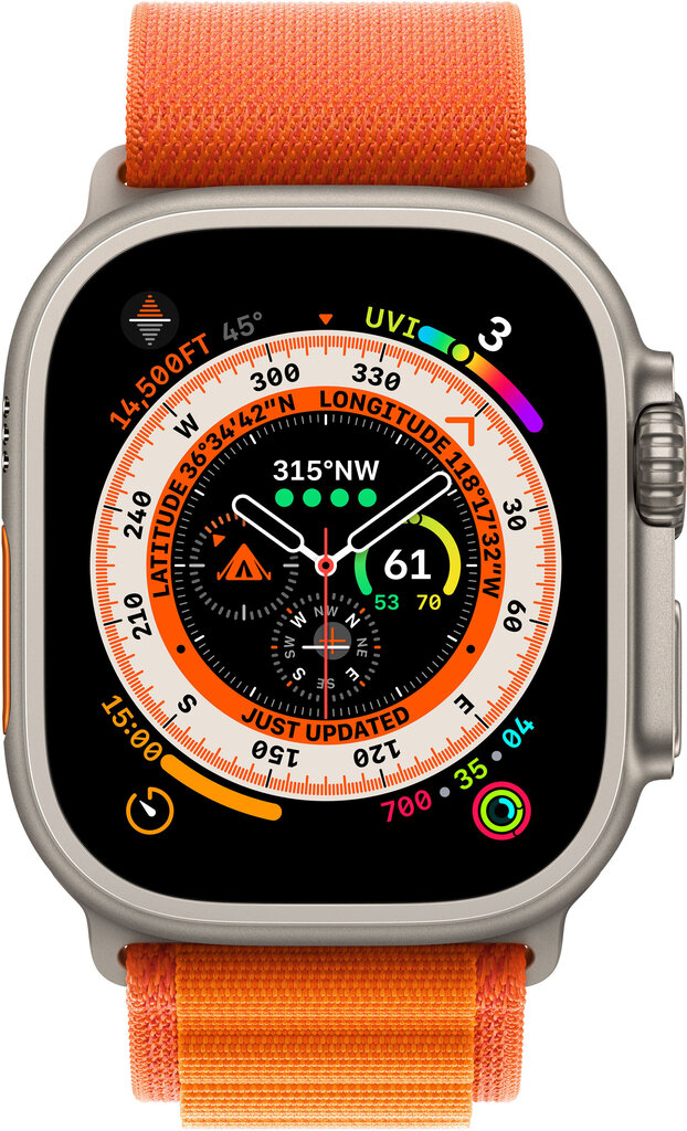 Apple Watch Ultra GPS + Cellular, 49mm Titanium Case ,Orange Alpine Loop - Medium MQFL3KS/A kaina ir informacija | Išmanieji laikrodžiai (smartwatch) | pigu.lt