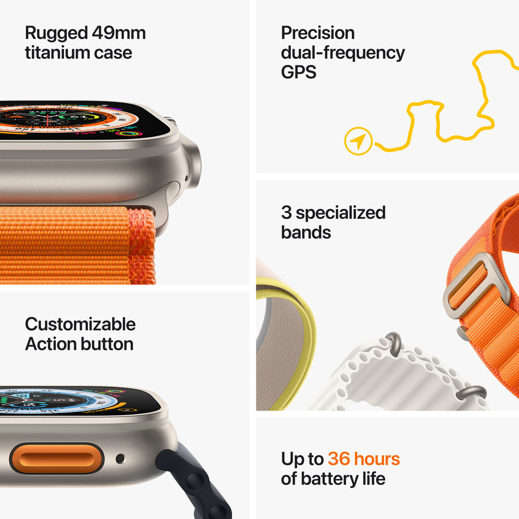 Apple Watch Ultra GPS + Cellular, 49mm Titanium Case ,Orange Alpine Loop - Medium MQFL3KS/A kaina ir informacija | Išmanieji laikrodžiai (smartwatch) | pigu.lt