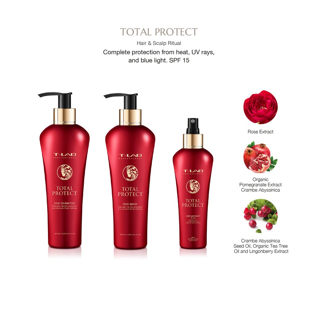 Rinkinys plaukų priežiūrai T-LAB Professional Total Protect: šampūnas, 300 ml + kaukė, 300 ml + fluidas, 150 ml цена и информация | Šampūnai | pigu.lt
