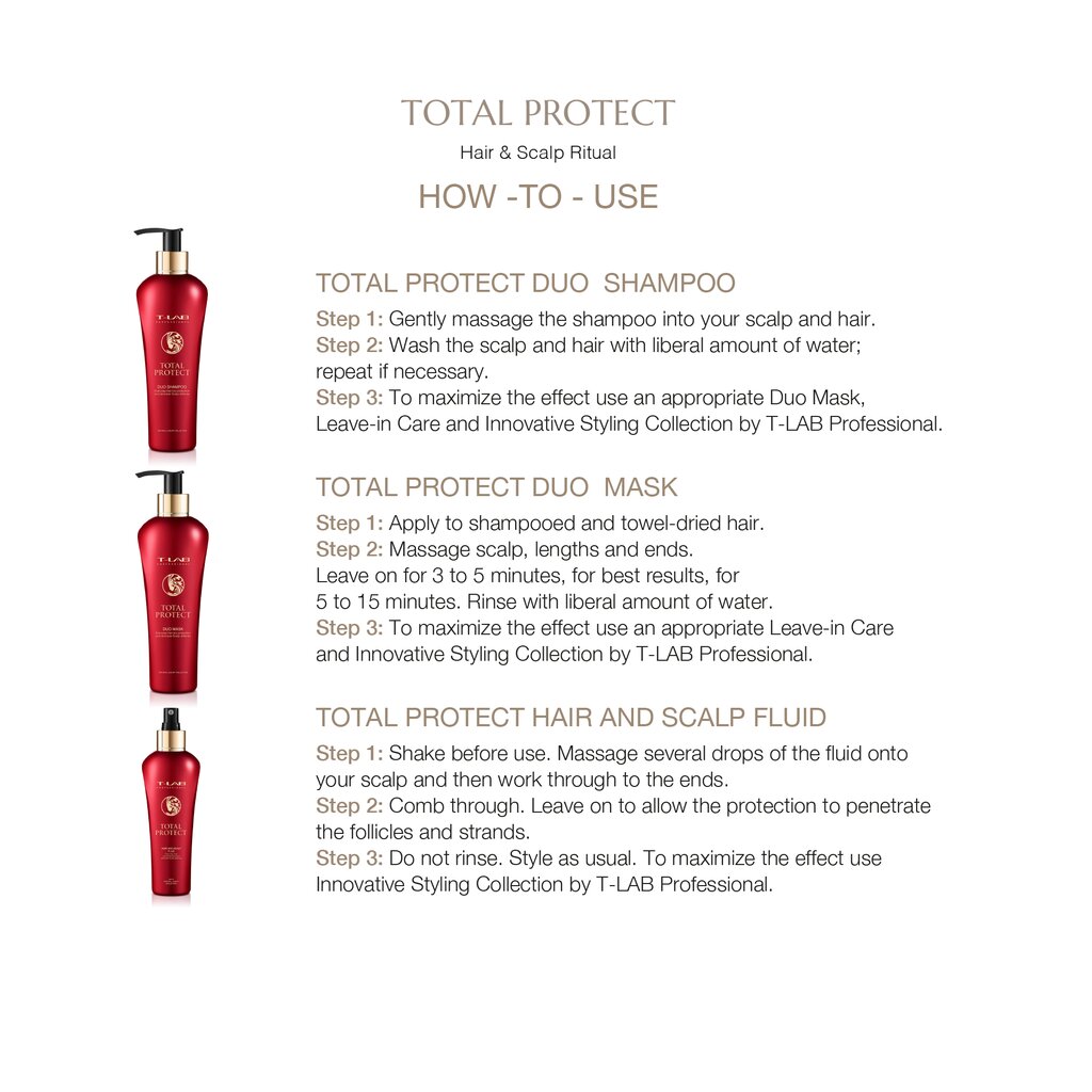 Rinkinys plaukų priežiūrai T-LAB Professional Total Protect: šampūnas, 300 ml + kaukė, 300 ml + fluidas, 150 ml kaina ir informacija | Šampūnai | pigu.lt