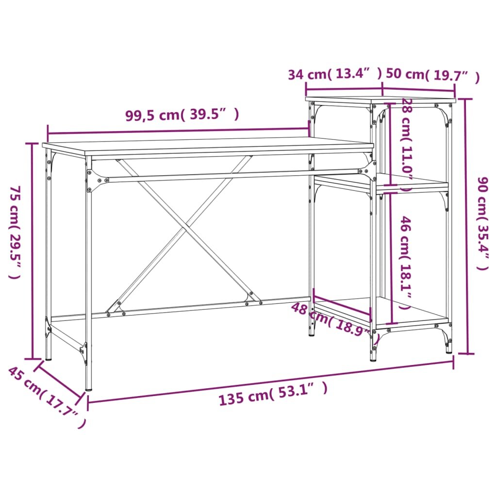 vidaXL Rašomasis stalas su lentynomis, juodas, 135x50x90cm, mediena kaina ir informacija | Kompiuteriniai, rašomieji stalai | pigu.lt