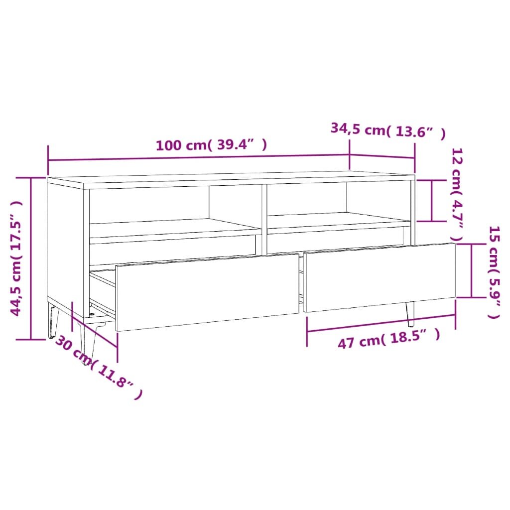 vidaXL Televizoriaus spintelė, balta, 100x34,5x44,5cm, mediena, blizgi kaina ir informacija | TV staliukai | pigu.lt