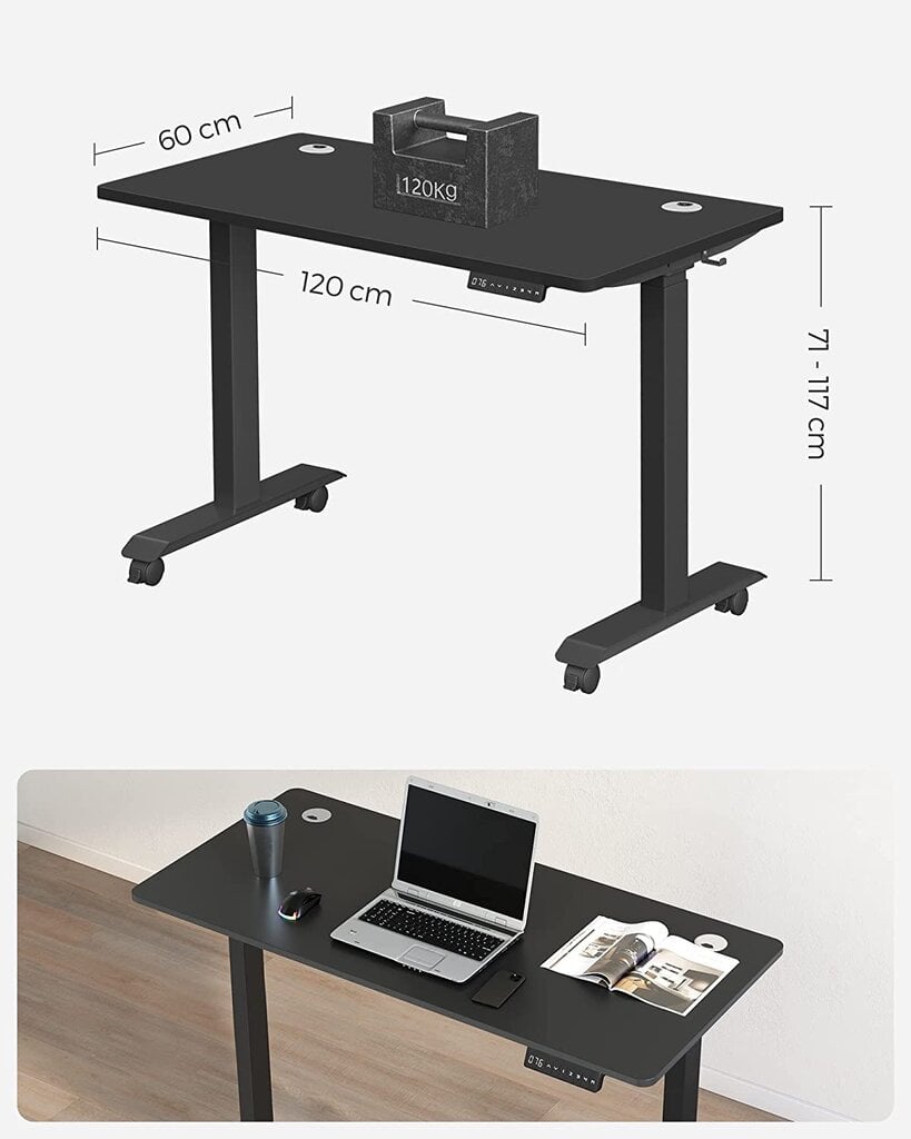Elektrinis reguliuojamo aukščio rašomasis stalas Songmics, 60x120 cm, juodas kaina ir informacija | Kompiuteriniai, rašomieji stalai | pigu.lt