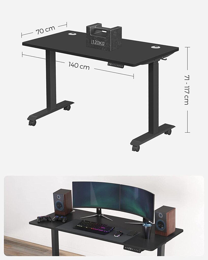 Elektrinis reguliuojamo aukščio rašomasis stalas Songmics , 140 x 70, juodas kaina ir informacija | Kompiuteriniai, rašomieji stalai | pigu.lt