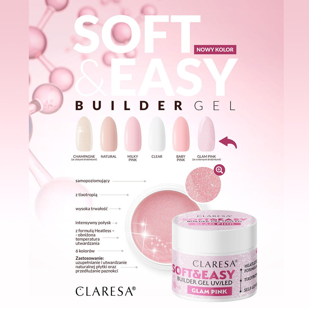 Nagų priauginimo gelis Claresa Soft&Easy Builder Gel Glam Pink, 12 g kaina ir informacija | Nagų lakai, stiprintojai | pigu.lt