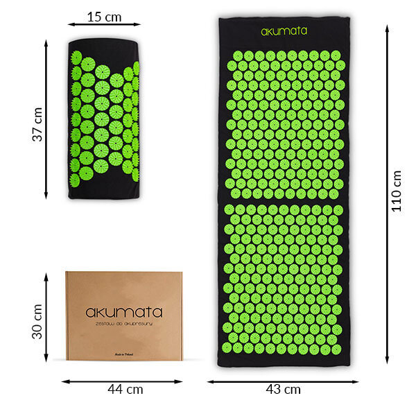 Akupresūrinis kilimėlis su pagalvėle Akumata, 110x43x2 cm, juodas/žalias kaina ir informacija | Masažo reikmenys | pigu.lt