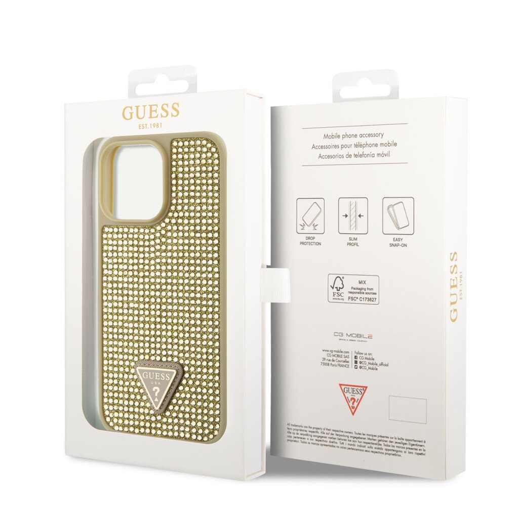 Guess Rhinestones Triangle Metal Logo Case for iPhone 14 Pro Max Gold цена  | pigu.lt