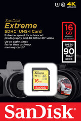 Atminties kortelė SANDISK 16GB Extreme SDHC Card 90MB/s Class 10 UHS-I U3 kaina ir informacija | Atminties kortelės fotoaparatams, kameroms | pigu.lt