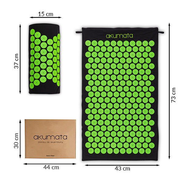 Akupresūrinis kilimėlis su pagalvėle Akumata, 73x43 cm, juodas/žalias kaina ir informacija | Masažo reikmenys | pigu.lt