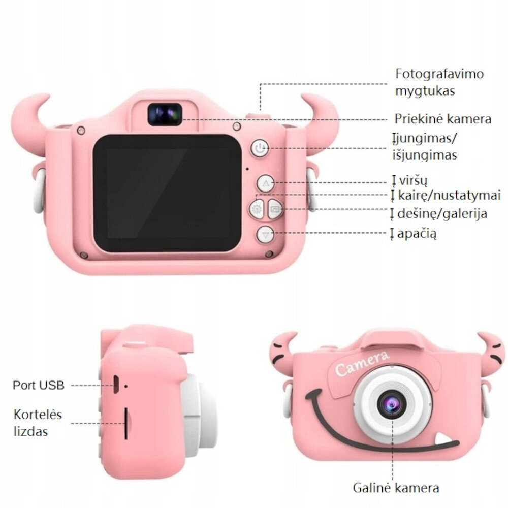 Vaikiškas fotoaparatas Monstriukas 40Mpx su SD kortele 32GB, rožinis kaina ir informacija | Skaitmeniniai fotoaparatai | pigu.lt