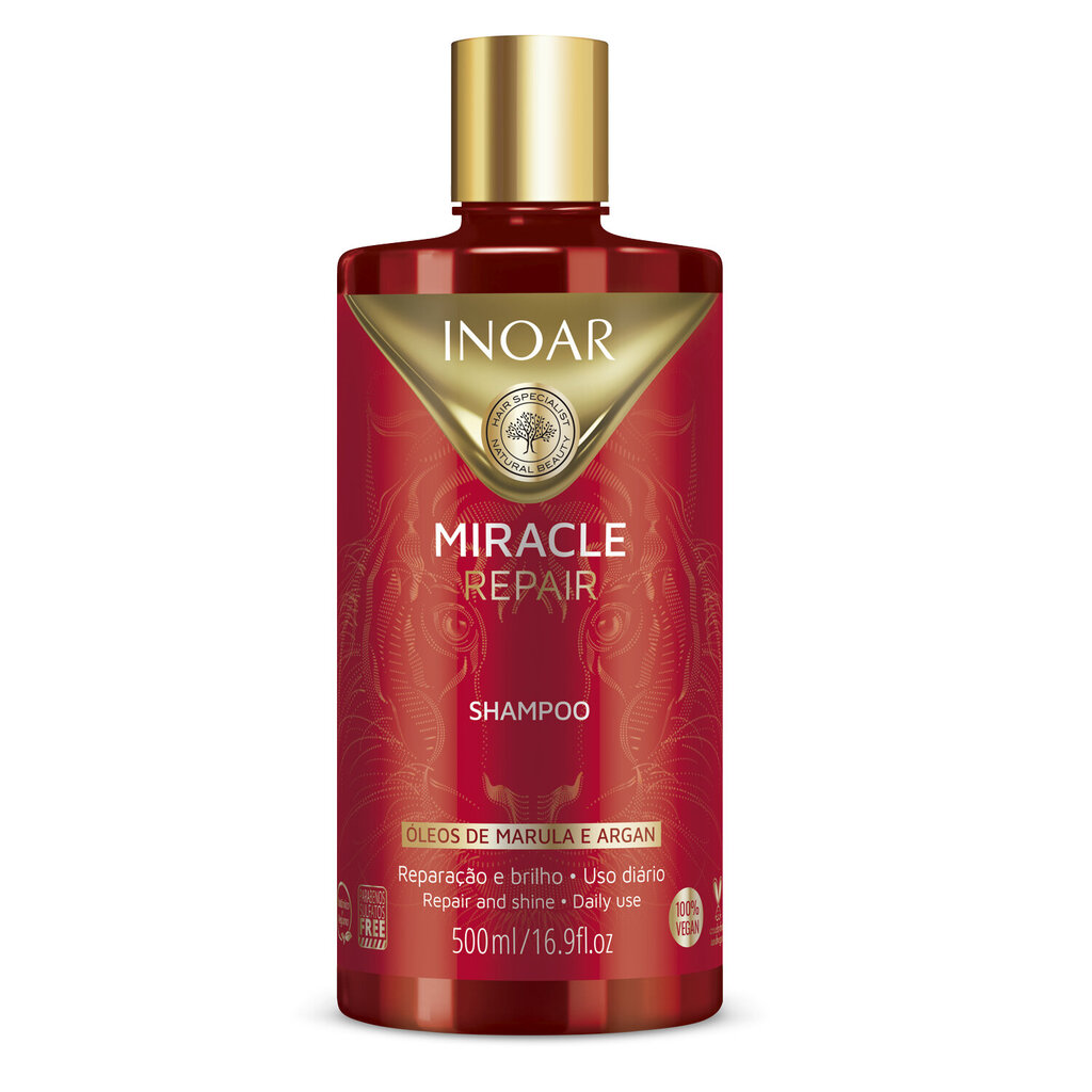 Atkuriantis blizgesio suteikiantis šampūnas Inoar Miracle Repair Inoar Miracle Repair, 500 ml kaina ir informacija | Šampūnai | pigu.lt