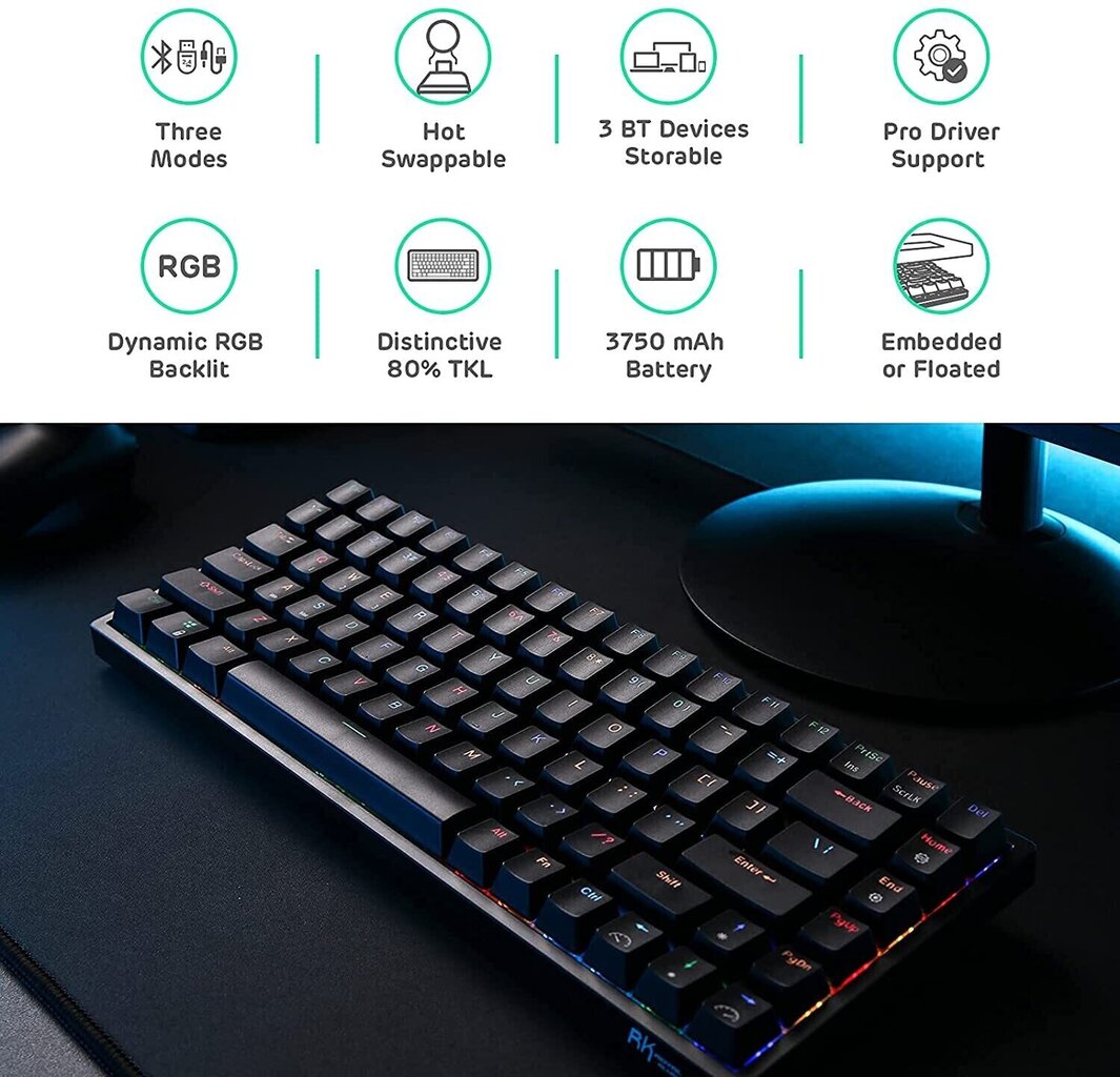 Royal Kludge RK84 Blue Switches kaina ir informacija | Klaviatūros | pigu.lt