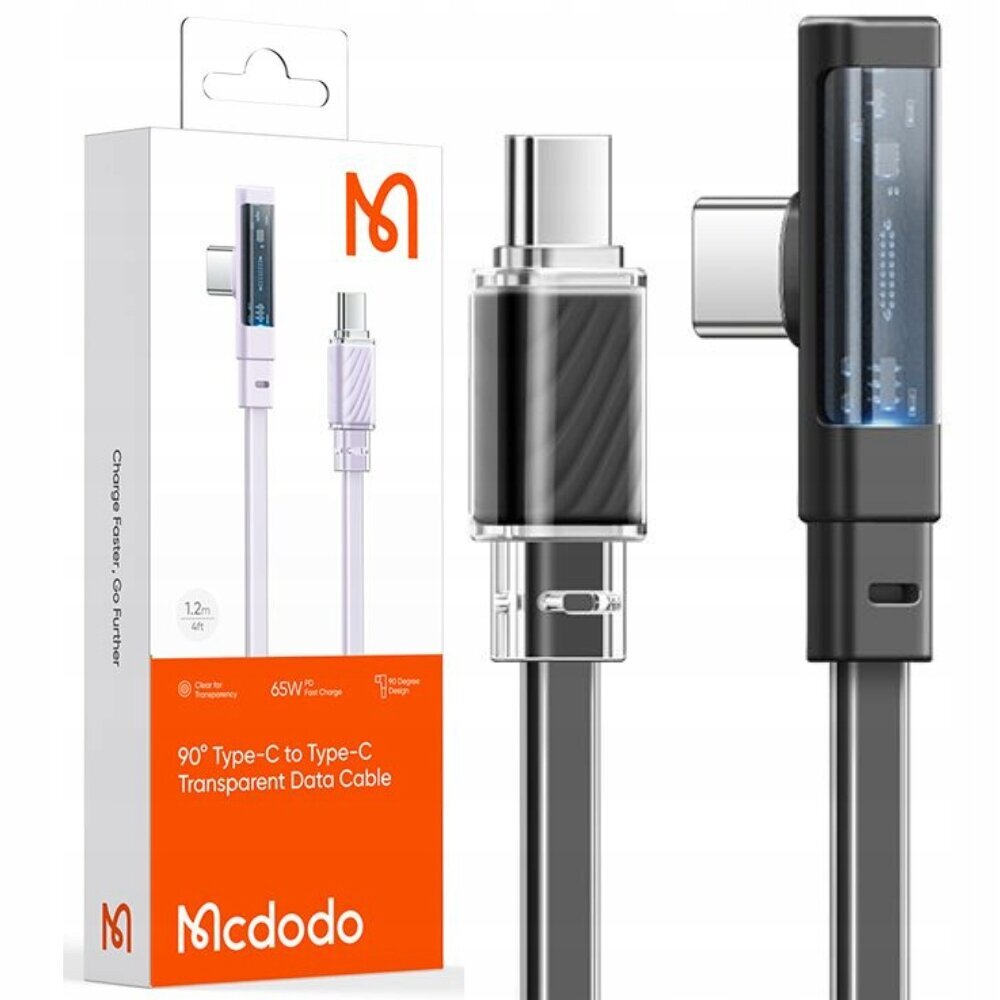 Mcdodo 345 65W Type-C to Type-C 90 Degree Data Cable with LED 1.2 Black CA-3450 kaina ir informacija | Laidai telefonams | pigu.lt