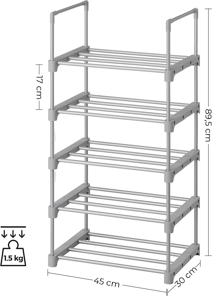 Metaline batų lentyna, 2 vnt. komplektas, 5 skyriai, pilka kaina ir informacija | Batų spintelės, lentynos ir suolai | pigu.lt
