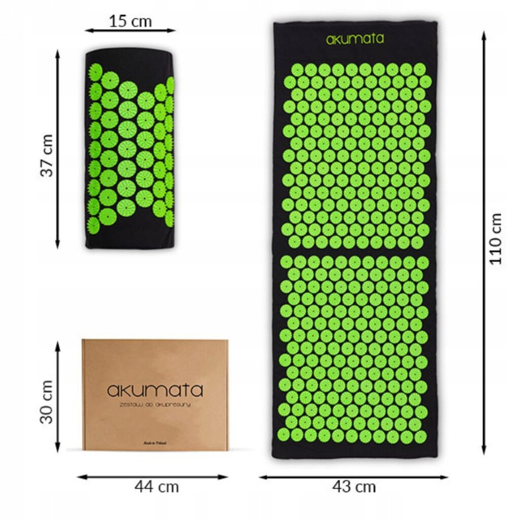 Akupresūros masažinis kilimėlis su pagalve Akumata, 110 x 43cm, juodas цена и информация | Masažo reikmenys | pigu.lt