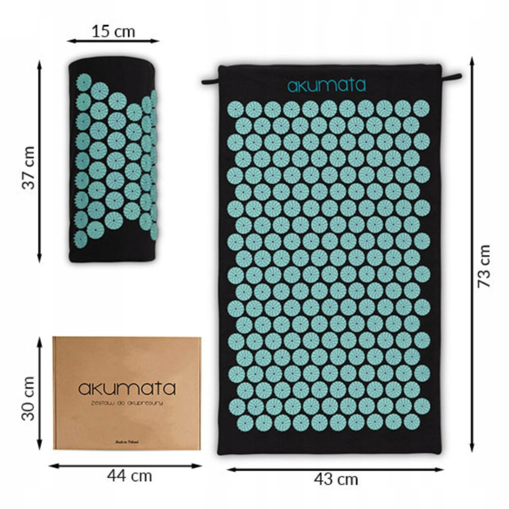 Akupresūros masažinis kilimėlis su pagalve Akumata, 73 x 43cm, juodas цена и информация | Masažo reikmenys | pigu.lt
