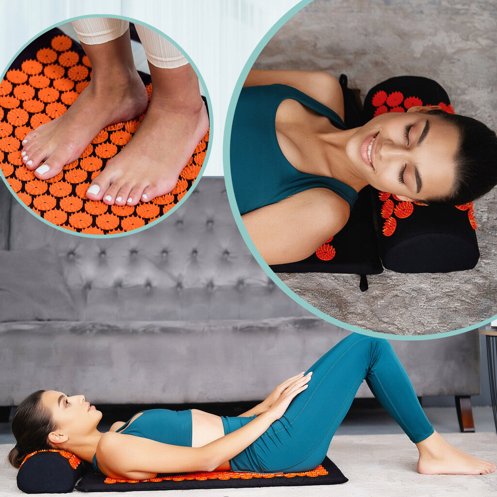 Akupresūros masažinis kilimėlis su pagalve Akumata, 73 x 43cm, juodas цена и информация | Masažo reikmenys | pigu.lt