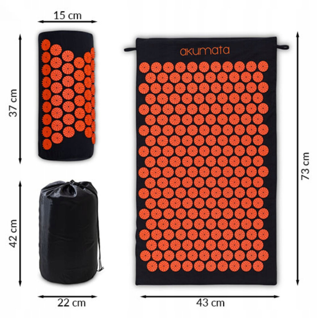 Akupresūros masažinis kilimėlis su pagalve Akumata, 73 x 43cm, juodas kaina ir informacija | Masažo reikmenys | pigu.lt