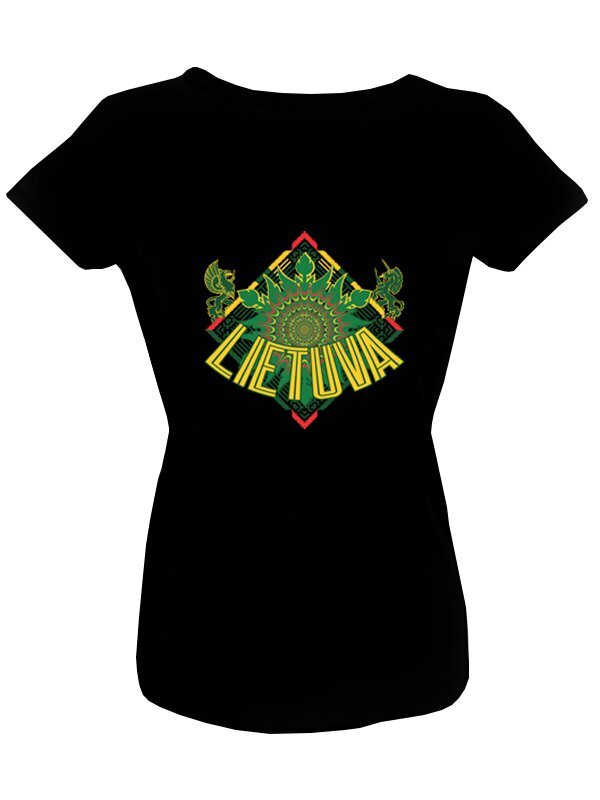 Moteriški marškinėliai su užrašu Lietuva ir senovinio herbo simboliais, juodi kaina ir informacija | Lietuviška sirgalių atributika | pigu.lt