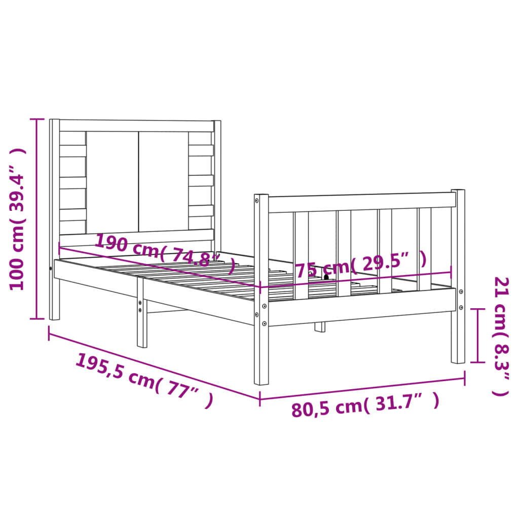 Lovos rėmas vidaXL, 75x190 cm, juodas kaina ir informacija | Lovos | pigu.lt