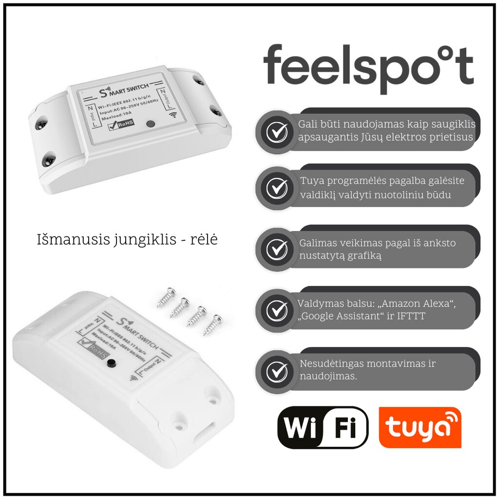 Išmanusis jungiklis - rėlė Feelspot FS-WB01W Wi-fi, Tuya kaina ir informacija | Elektros jungikliai, rozetės | pigu.lt