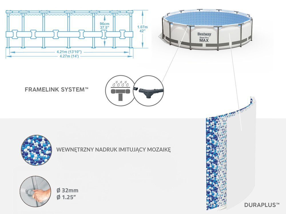Karkasinis baseinas Bestway Steel Pro Max, 427 x 107 cm, su filtru kaina ir informacija | Baseinai | pigu.lt