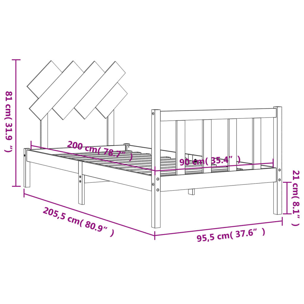 Lovos rėmas vidaXL, 90x200 cm, juodas kaina ir informacija | Lovos | pigu.lt