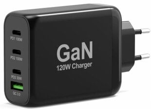 Порт зарядного устройства Подача питания и быстрая зарядка 120 Вт GaN USB-C и USB-A Черный цена и информация | Зарядные устройства для телефонов | pigu.lt