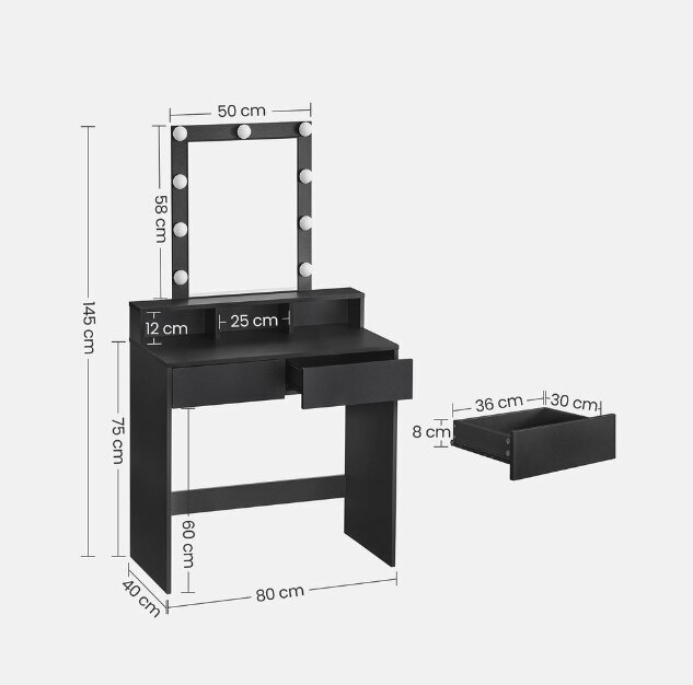 Makiažo staliukas su LED apšvietimu Songmics, juodas kaina ir informacija | Kosmetiniai staliukai | pigu.lt