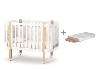 Кроватка для новорожденного Happy Baby 60x120 white/natural с матрасом цена и информация | Детские кроватки | pigu.lt