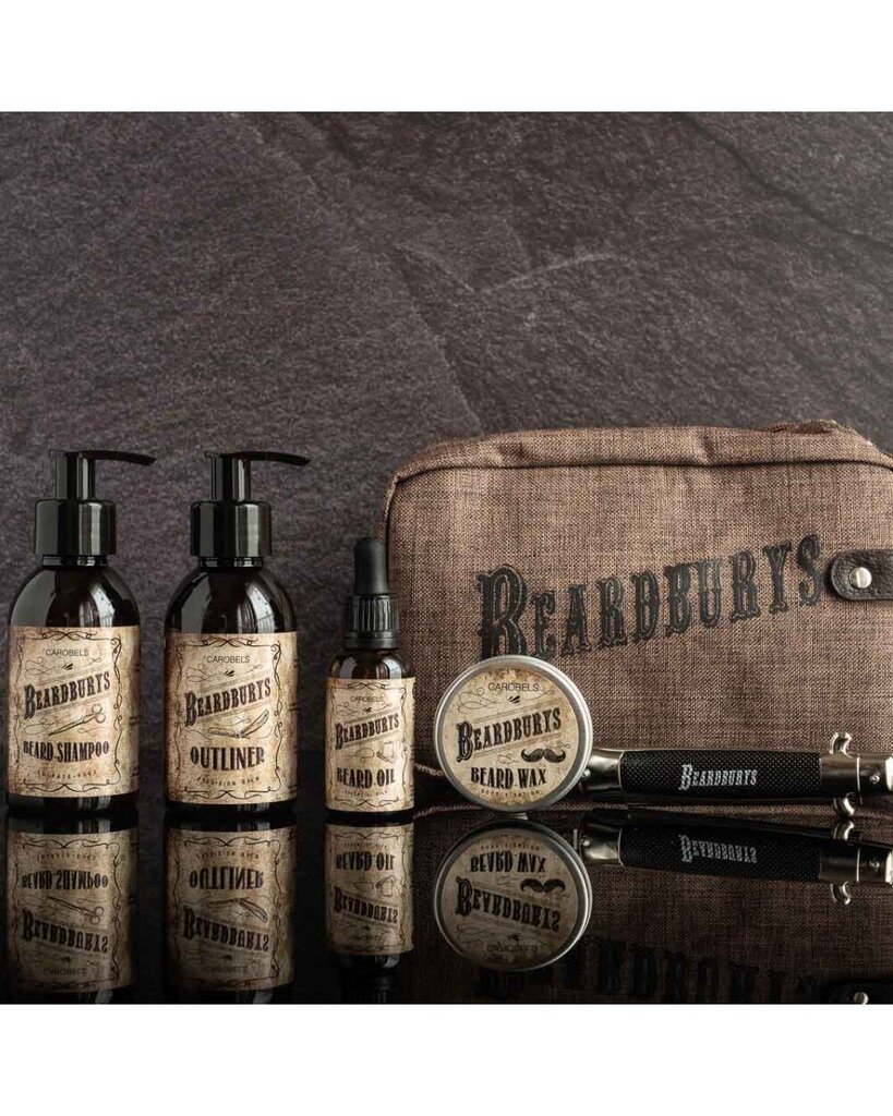 Barzdos priežiūros rinkinys Beardburys Beard Care Pack: Barzdos ir ūsų vaškas, 50 ml + Barzdos ir ūsų aliejus, 30 ml + Skaidrus skutimosi losjonas, 150 ml + Barzdos šampūnas, 150 ml + Barzdos šukos + Kosmetinė цена и информация | Skutimosi priemonės ir kosmetika | pigu.lt