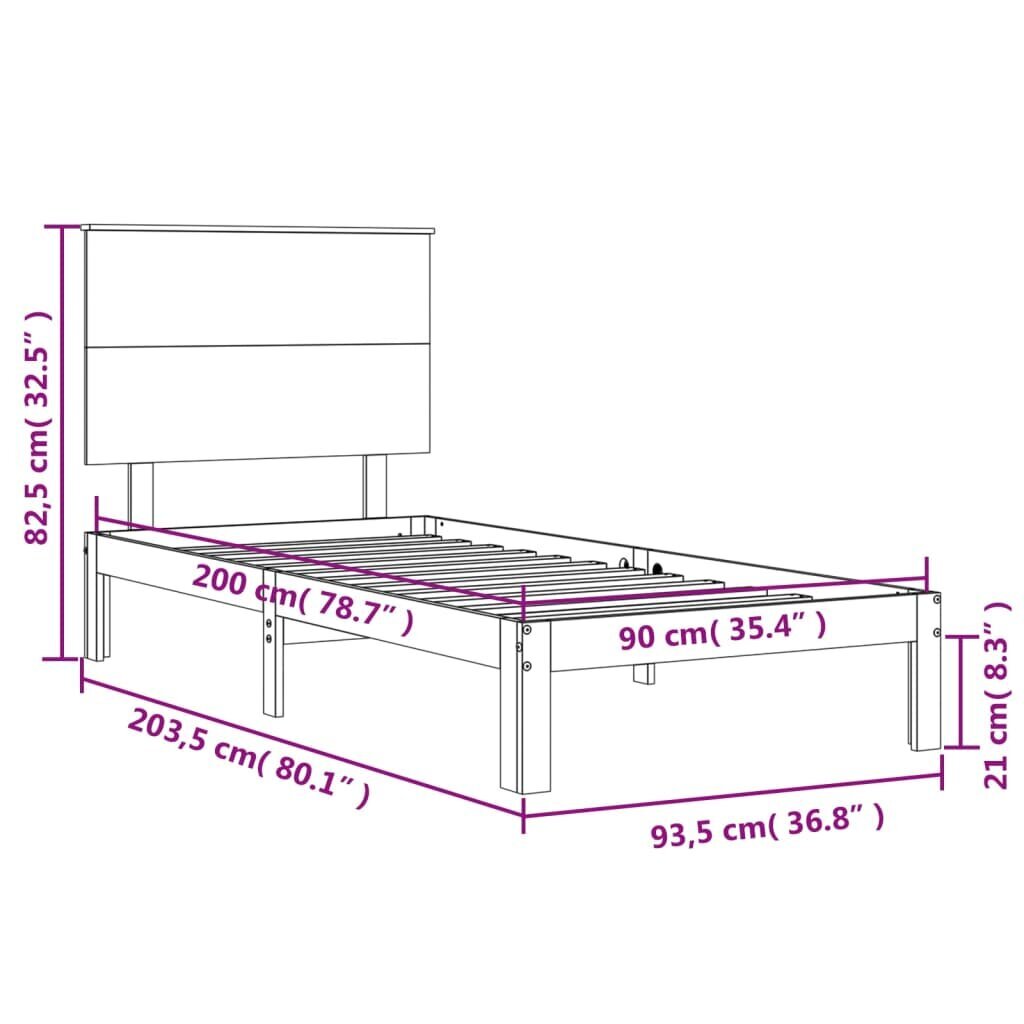 Lovos rėmas su galvūgaliu VidaXL, 90x200cm, baltas kaina ir informacija | Lovos | pigu.lt