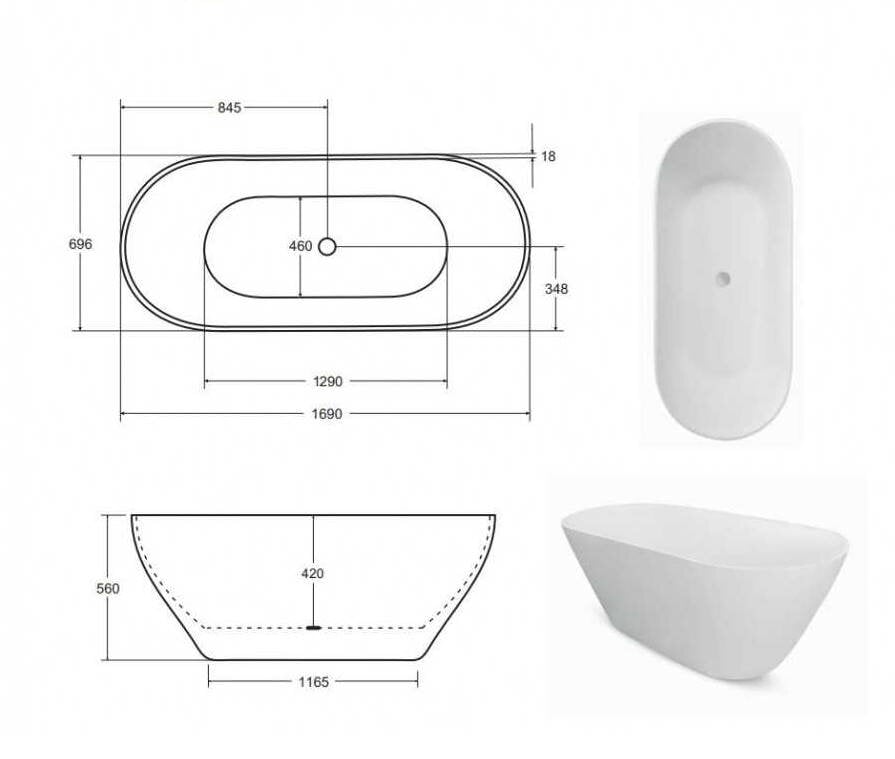 Vonia Besco Moya Matt White, 170 x 70 cm kaina ir informacija | Vonios | pigu.lt