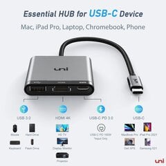 USB C HDMI Адаптер 3 в 1, Multiort Adapter UNI USB-C, поддерживает зарядку 100W, 4K HDMI и USB 3.0, совместимый с iPad Pro 2020/2018, MacBook, Samung S20, Huawei, Surface и Mehr-Space Grau цена и информация | Адаптеры, USB-разветвители | pigu.lt