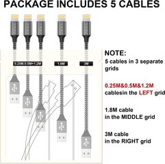 Кабель зарядки iPhone Pipika, [5Stück 0,25 м 0,5 м 1 м 2 м 3 м] кабельный кабель Lightning Nylon USB -зарядный кабель iPhone, совместимый с iPhone 13/13 Pro Max/12/12 Mini/11 Pro/xs Max/xr/x/8 Plus/7 /6s/6 plus/5c/se цена и информация | Кабели для телефонов | pigu.lt