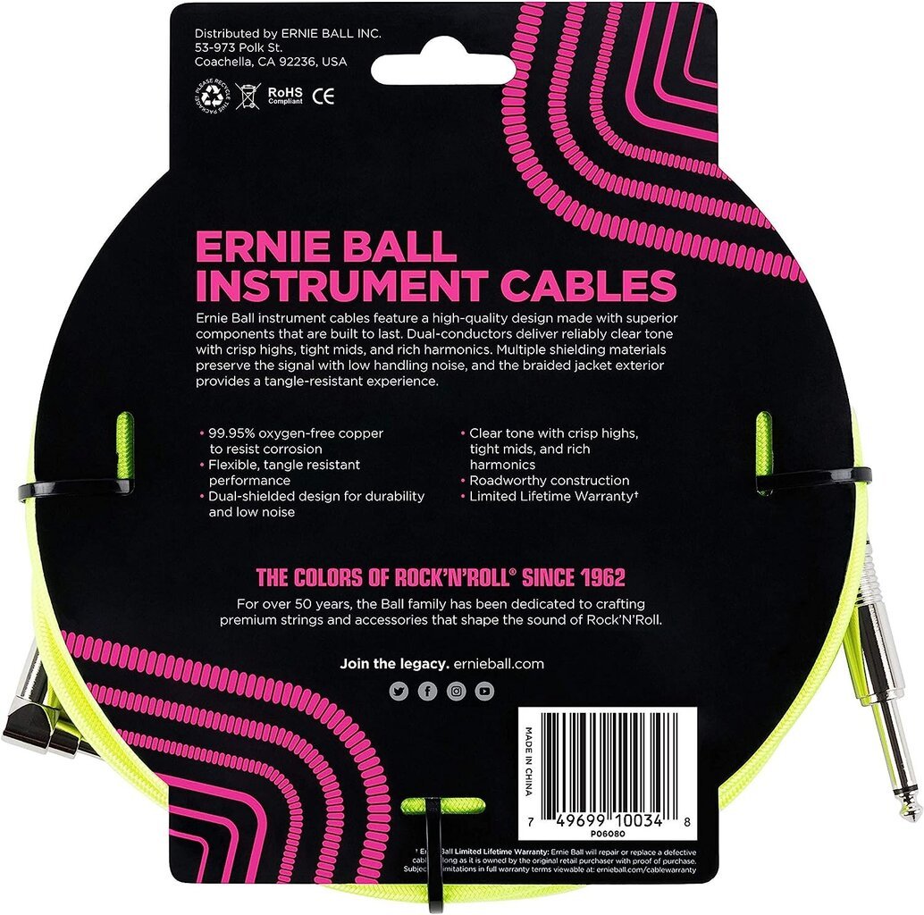 Ernie Ball 6,3 mm jack, 3 m kaina ir informacija | Kabeliai ir laidai | pigu.lt