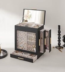 Juvelyrinių dirbinių dėžutė su stiklinėmis durelėmis ir veidrodėliu, juoda, 15 x 26 x 32 cm kaina ir informacija | Interjero detalės | pigu.lt