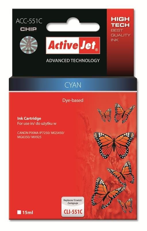 Activejet ACC-551CN (Canon CLI-551C), mėlyna kaina ir informacija | Kasetės rašaliniams spausdintuvams | pigu.lt