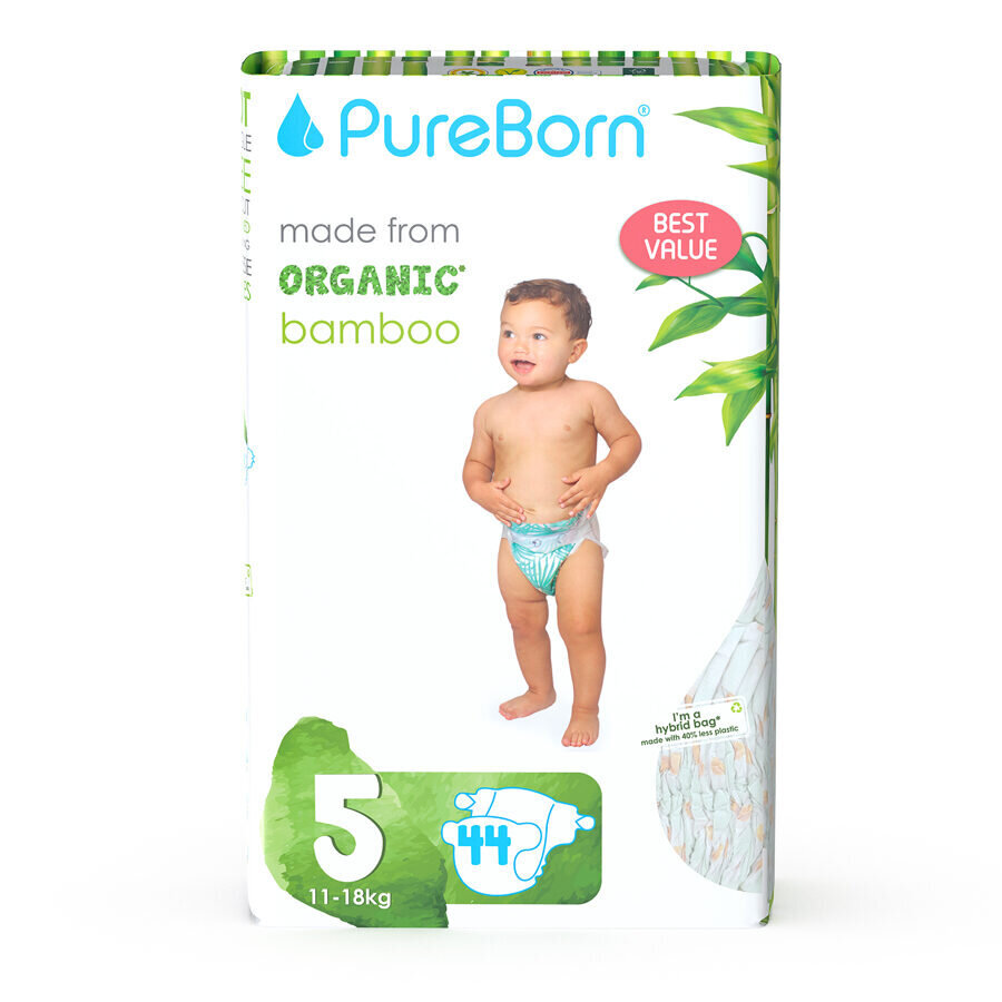 Bambukinės sauskelnės su segtukais PureBorn Value Pack, 11-18kg, 5 dydis, 44 vnt. kaina ir informacija | Sauskelnės | pigu.lt