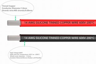 Гибкий 5 метровый силиконовый электрический кабель 14 AWG [2,5 м Черный и 2,5 м Красный] Стойкость к высоким температурам, Обладает Укрепленной Оболочкой цена и информация | Кабели и провода | pigu.lt