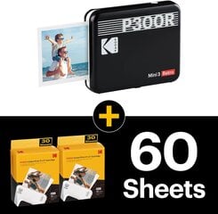 Kodak P300 Mini 3 Retro, мобильный мобильный телефон фотопринтер, совместимый со смартфоном (iOS & Android), Bluetooth, 76x76 мм, технология 4Pass, ламинирование, 68 лист, черный цена и информация | Принтеры | pigu.lt