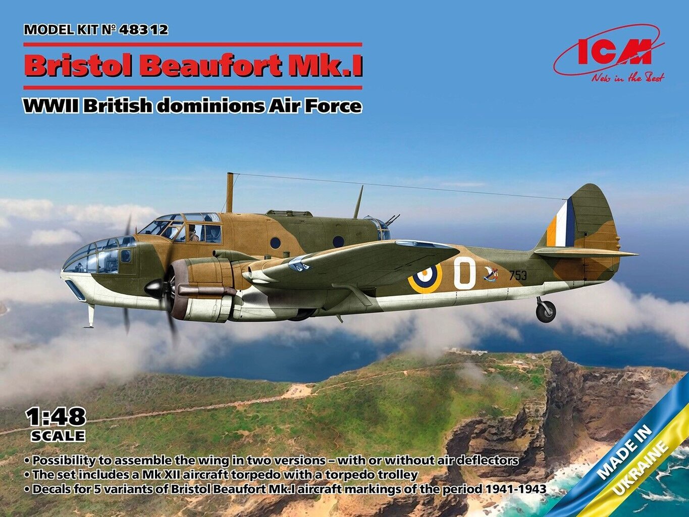 Klijuojamas modelis ICM 48312 WWII British Dominions Air Force Bristol Beaufort Mk.I 1/48 kaina ir informacija | Klijuojami modeliai | pigu.lt