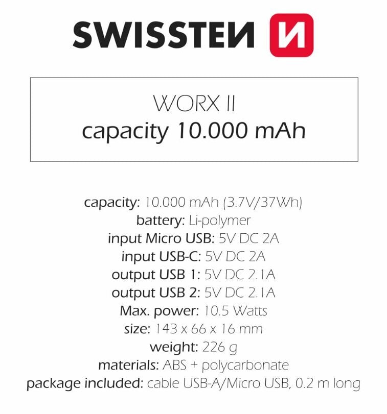Swissten Worx II 10000 mAh kaina ir informacija | Atsarginiai maitinimo šaltiniai (power bank) | pigu.lt