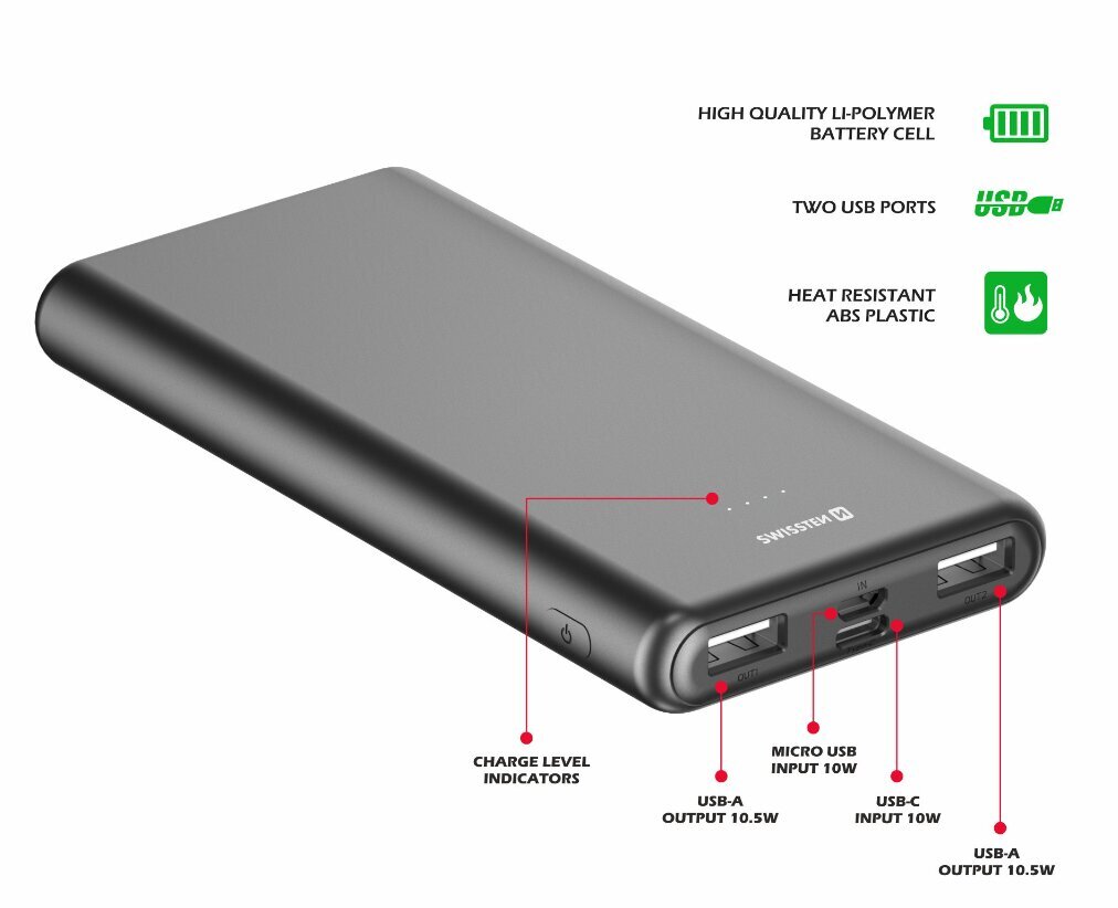 Swissten Worx II 10000 mAh kaina ir informacija | Atsarginiai maitinimo šaltiniai (power bank) | pigu.lt