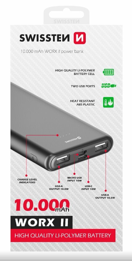 Swissten Worx II 10000 mAh kaina ir informacija | Atsarginiai maitinimo šaltiniai (power bank) | pigu.lt