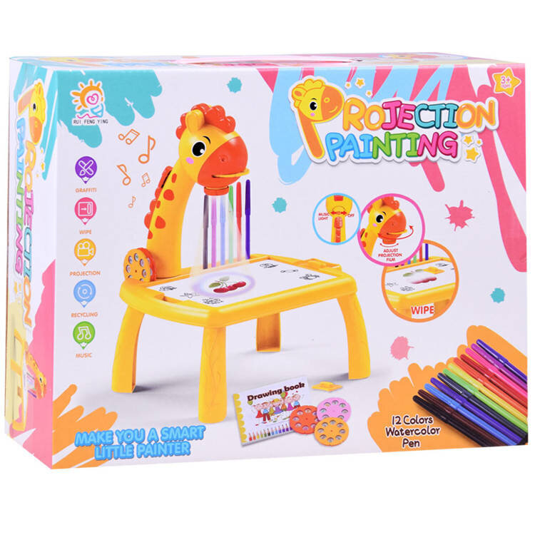 Piešimo stalas su projektoriumi žirafa, geltonas kaina ir informacija | Piešimo, tapybos, lipdymo reikmenys | pigu.lt