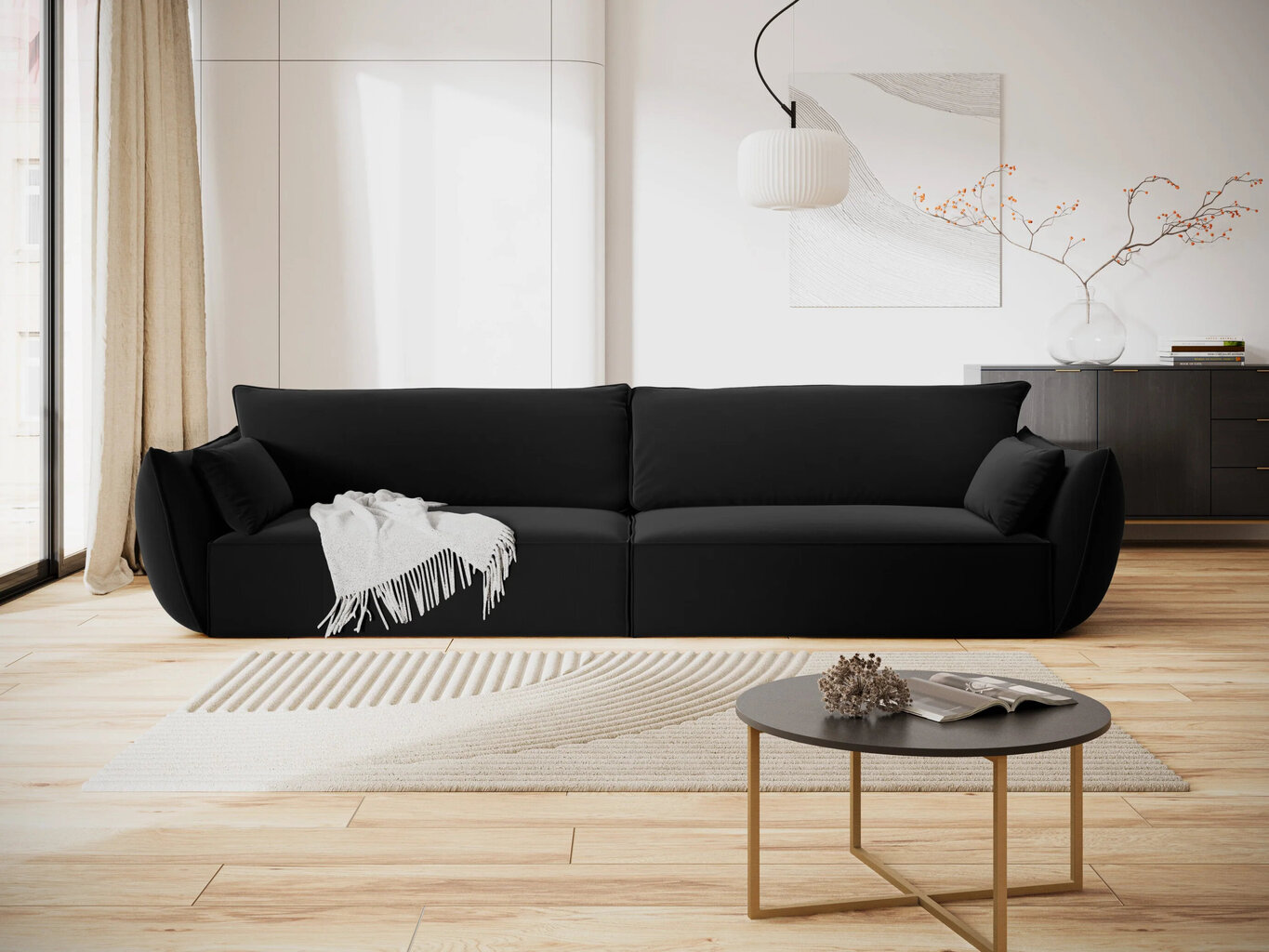 Velvet sofa Vanda, 4 sėdimos vietos, juoda kaina ir informacija | Sofos | pigu.lt